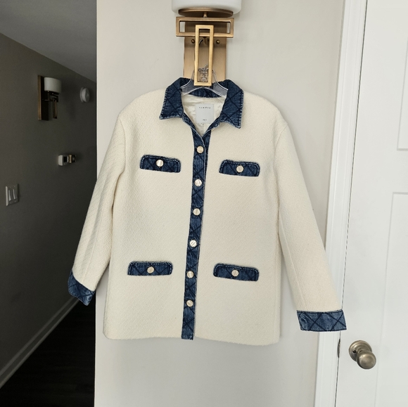 Sandro Ivory Tweed Jacket with Quilted Denim Inserts Size 38/US Size 6 - Picture 7 of 16